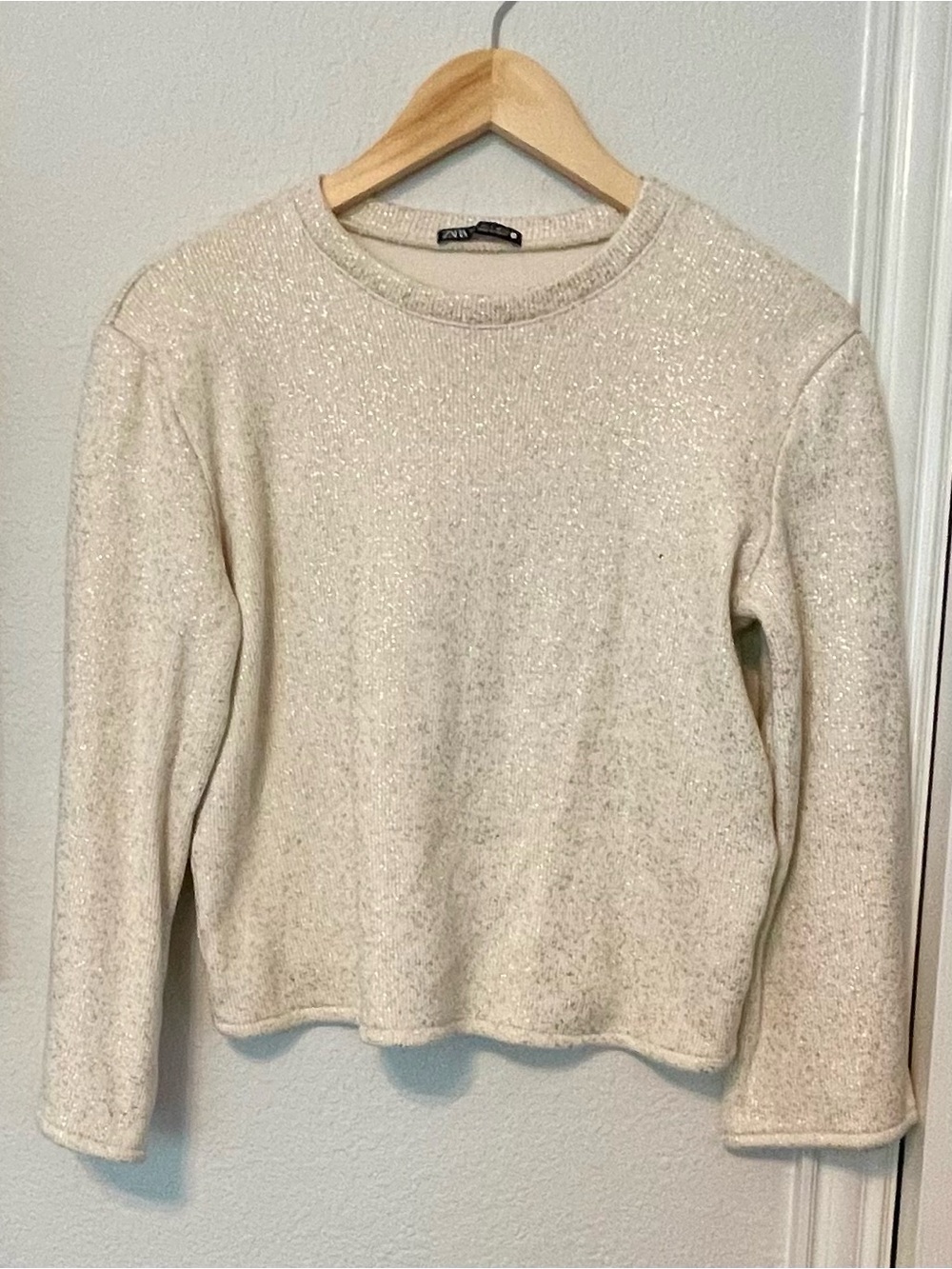 Zara Women's Cream Sparkle Crew Neck Sweater Size S